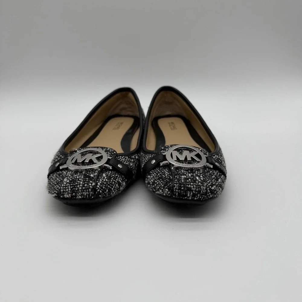 Michael Kors Women's Fulton Slip On Flats Balletcore Black White Tweed Logo 7.5